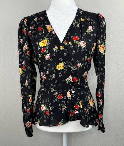 Veronica Beard  Kiona Black Floral Print Silk V-Neck Button Front Peplum Blouse 2