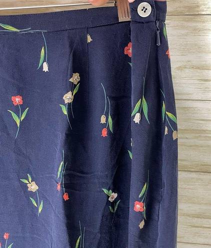 Vintage Myclothes Navy Tulip Floral Print Silk Maxi Skirt Size 12