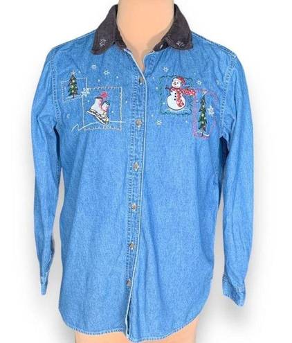 Basic Editions  Vintage Shirt Chambray Holiday Button Front Black Velvet Snowman