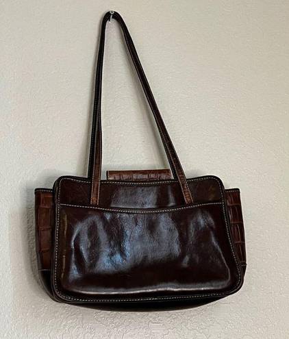 Brighton  double handle Shoulder purse Tote Brown Leather Croc snap topBrighton