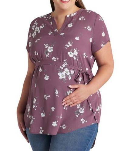 The Moon Full Segura Short Sleeve Tie Waist Maternity Blouse Light Purple Floral 2X