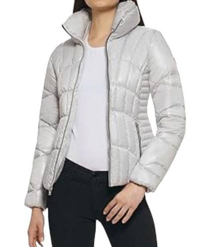 Guess  quilted pearlescent silver puffer jacket