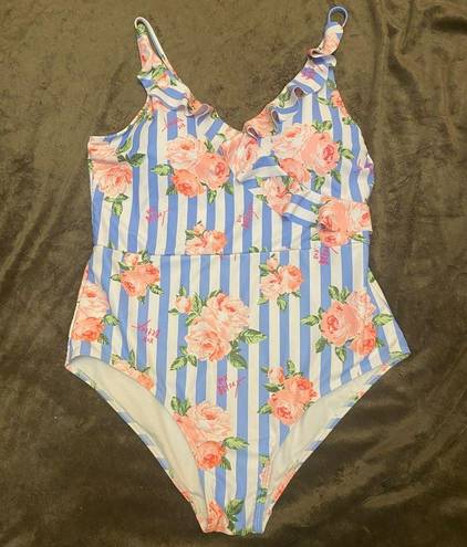 Betsey Johnson  Ruffled Blue Striped One Piece Swimsuit size XL