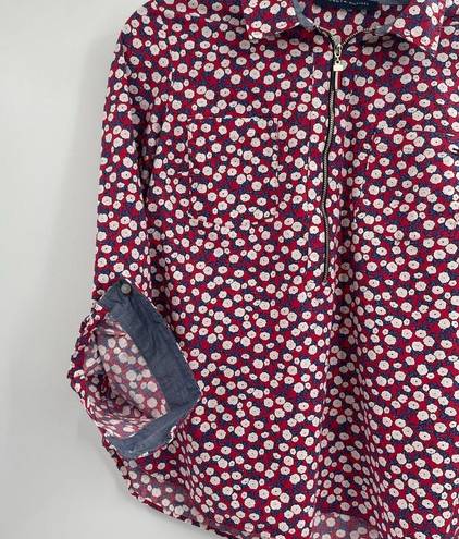 Tommy Hilfiger Floral printed Top 1/2-zip Red White Blue Tab Sleeve size medium