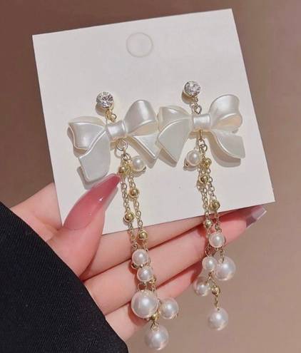 Elegant Bow White Pearl Dangle Drop Earrings for Women,Pearl Earrings Gold