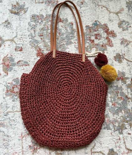 American Eagle  Straw Beach Bag Circular Rust Dark Red Tote with Pom Poms