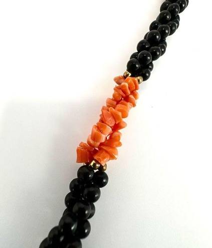 Onyx Black   beaded and coral long twisted necklace