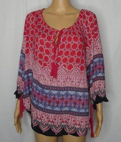 Angie  Boho Tunic Top Ties 3/4 Sleeve Blouse Red Lg