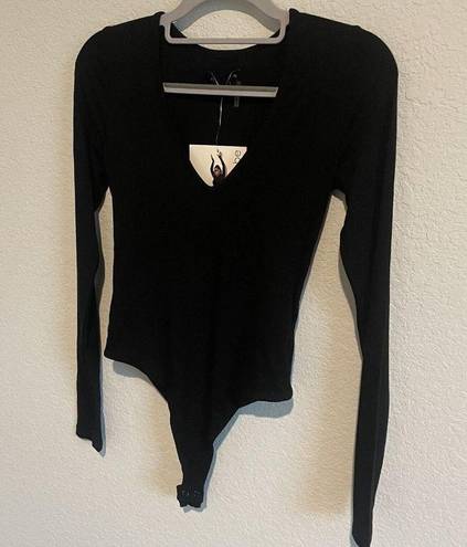 Naked Wardrobe  New Bodysuit Womens Extra Small Black Long Sleeve V Neck NWT