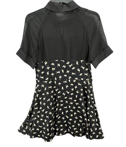 The Row Ducks In A Mini Dress Women L Black Cream Cat Print Short Sleeve Sheer Lined