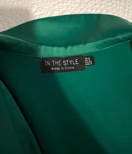 In The Style tie front satin blazer dress in emerald green