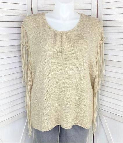 Chico's Chico’s Tarrin Tape Yarn Fringe Poncho Sweater Taupe Tan Large XL