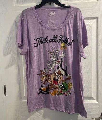 Looney Tunes  Purple Scoop Neck Short Sleeve Characters Graphic Tee Shirt Top