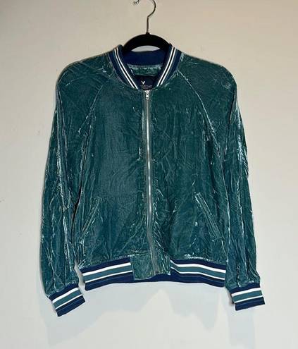 American Eagle 363- Blue Retro Style Crushed Velvet Bomber Jacket