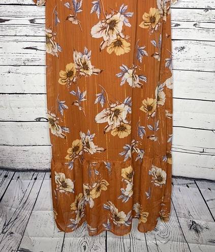 Luxology  NWT Size L Rust with Floral Print Ruffle Maxi Peasant Dress