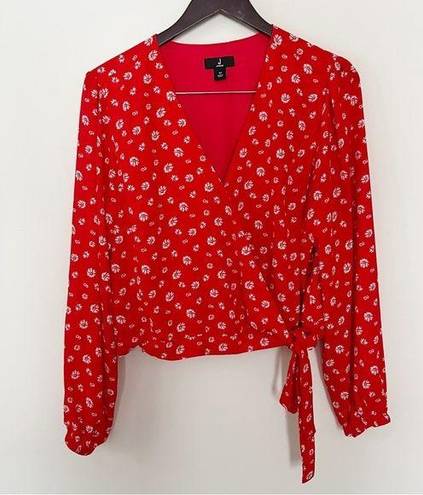 Jason Wu J  Floral Print Long Sleeve Wrap Blouse Fiery Red Daisy Size M A395376