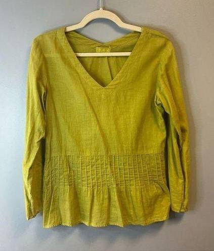 CP Shades  Blouse Bright Neon Green V Neck Peplum Linen Top Sz M EUC