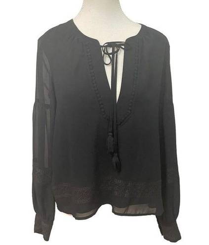 Rebecca Minkoff   black semi sheer lace v neck  tasseled blouse size small