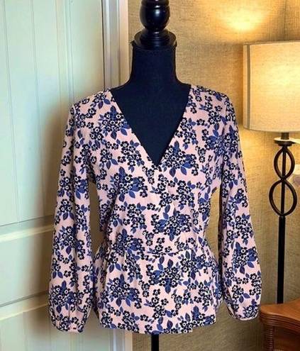 J.Crew  Size 4 Surplice Peplum Floral Top Pink Blue Spring Flowers Tailored