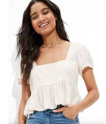 American Eagle Cropped Embroidered Babydoll Top in Cream Peplum Size Large