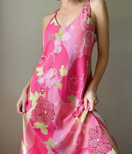 Natori Vintage  Pink Floral Abstract Printed Midi Low Back Slip Dress