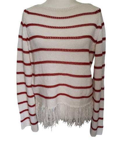 W By Worth  Womens Sweater Size S Stripe Fringe Open Knit White Red Long Sleeve