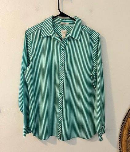 Chico's  no iron green and white striped button down blouse size 1 = size medium