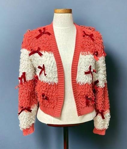 Mighty fine  loop & bow cropped cardigan sweater sz medium pinkish red and white