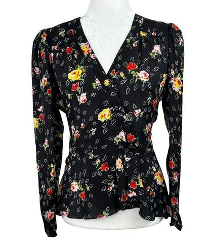 Veronica Beard  Kiona Black Floral Print Silk V-Neck Button Front Peplum Blouse 2
