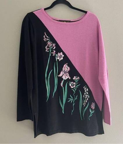 Bob Mackie  Vintage 80s Pink Black Embroidered Floral Long Sleeve Sweater M