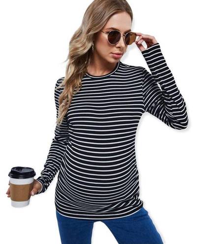 New Look  Maternity Black & White Striped Print Ruched Sides 3/4 Sleeve Shirt 14