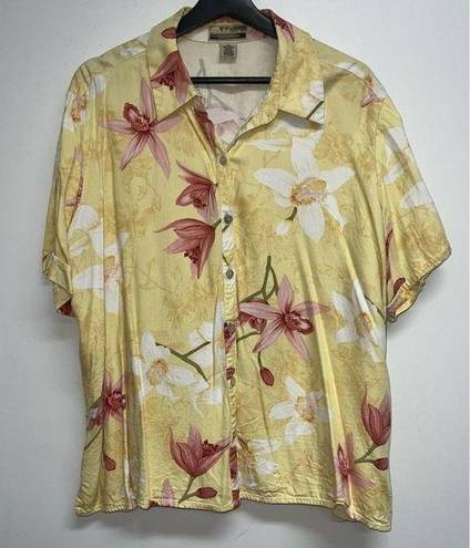 The Cove Sunset Womens Hawaiian Floral Shirt Plus Size 2X Yellow Pink Button Up Camp