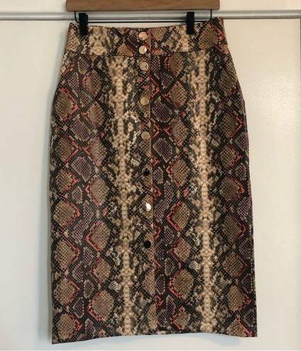 ZARA button front midi pencil skirt faux snake skin print python brown orange