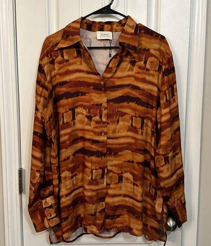 Dissh  Long Sleeve Brown Printed Top Blouse Size 6 Small Oversized