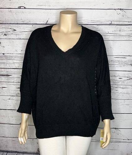 DKNY  Jeans NWT Size 14/16 Black Bead Embellished V-Neckline Pullover Sweater Top