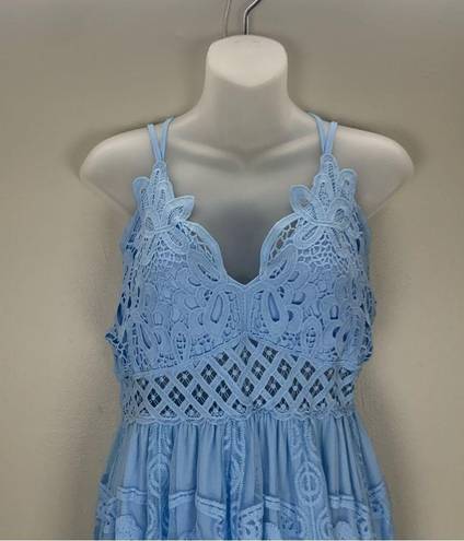 Embroidery Floral Mesh Overlay Lace detail Maxi Dress Blue size Medium