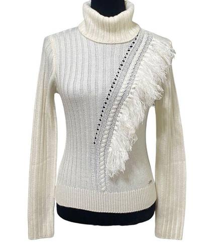 DKNY  Ivory Fringe Knit Ribbbed Turtleneck Sweater Top Size Small