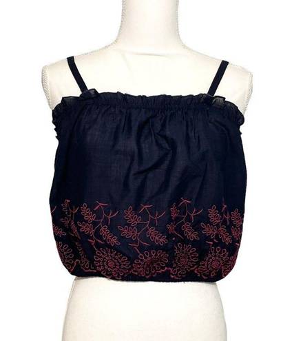 Arizona Jean Company NWT Navy Blue Chambray Red Embroidered Floral Ruched Crop Top Tank New