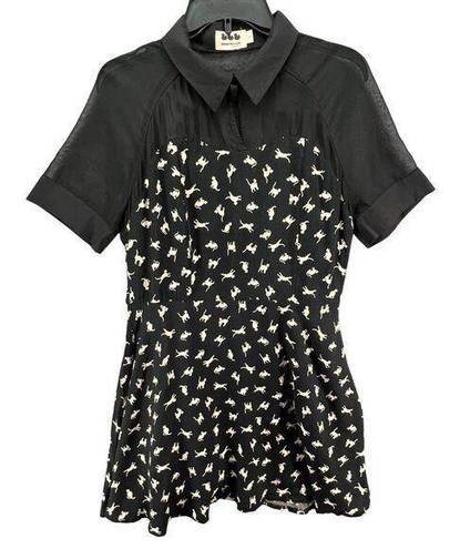 The Row Ducks In A Mini Dress Women L Black Cream Cat Print Short Sleeve Sheer Lined