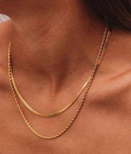 18k Gold PVD over Stainless Steel Multilayer Herringbone & Rope Chain Necklace