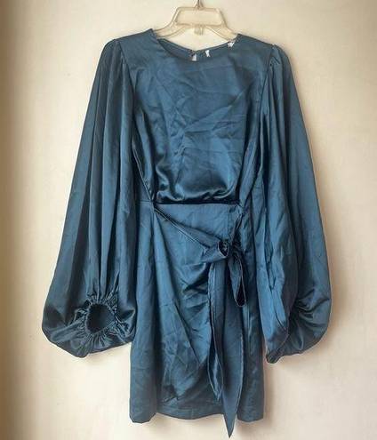 Petal and Pup  Opal Navy Blue Satin Long Balloon Sleeve Wrap Mini Dress 4