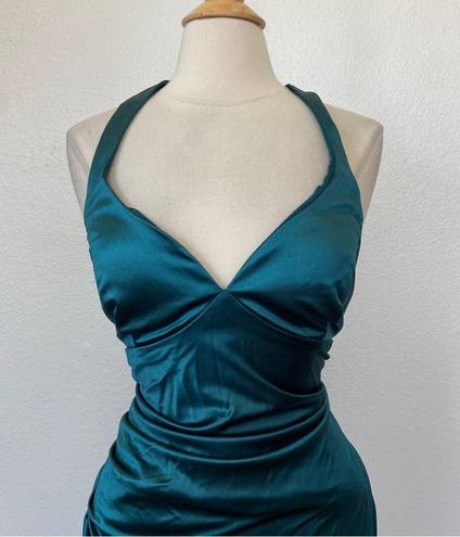 B Darlin Teal Satin Open Strappy Back Cocktail Dress