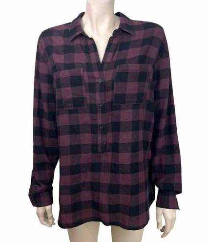 Beach Lunch Lounge Purple & Black Buffalo Plaid Popover‎ Blouse