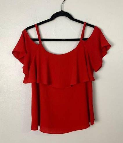 Bobeau  Red Cold Shoulder Ruffle Top Blouse Adjustable Shoulder Straps Size Small