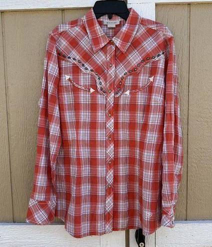 Ariat  Orange Silver Plaid Pearl Snap Western Button Shirt Women's Size Medium