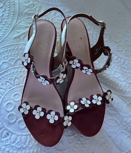 Kate Spade  Tisdale Leather Brown Luggage Flower Wedge Sandal Platform Heels