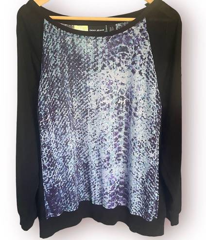 DKNY Jeans Raglan Top Long Sleeve Black Blue Purple Python Snake Pattern XL