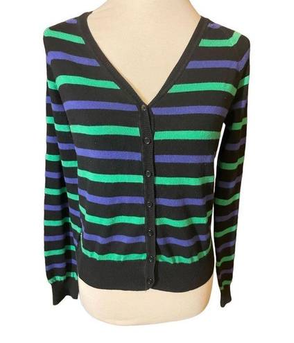 Xxi  Womens Cardigan Sweater Stripe Long Sleeve Button Front V Neck Blue Large