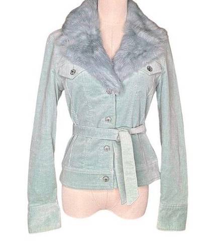 Arden B Womens  Mint Green Rabbit Fur Collar Belted Jacket Rhinestone Buttons Y2K