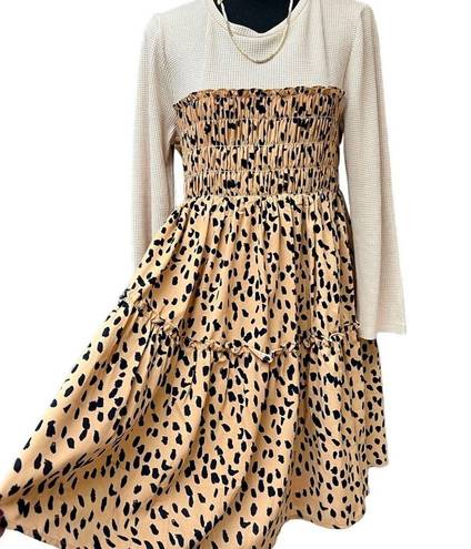 Entro Anthropologie Dresses |  Taupe Waffle Knit Smocked Animal Print Dress